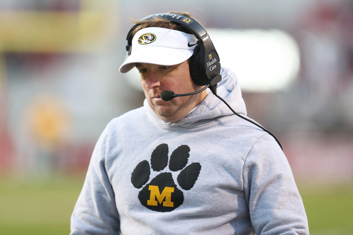 Nov 26, 2021; Fayetteville, Arkansas, USA; Missouri Tigers head coach Eli Drinkwitz during the second half against the Arkansas Razorbacks at Donald W. Reynolds Razorbacks Stadium. Arkansas won 34-17. Mandatory Credit: Nelson Chenault-USA TODAY Sports